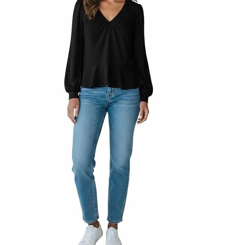 Maeve Anthropologie Black V-Neck Peplum Sweatshirt Women’s Small Long Sleeve Top